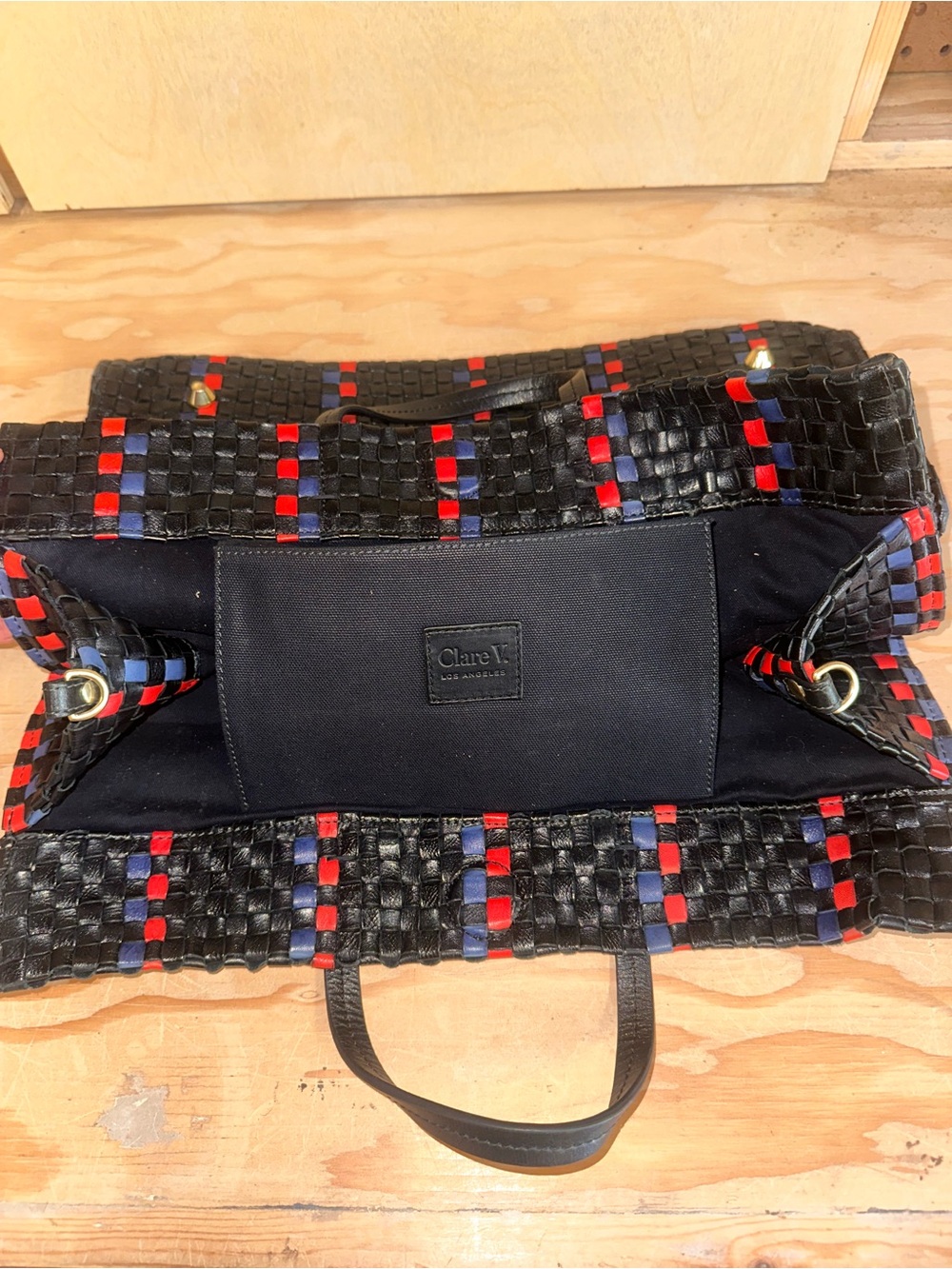CLARE V. Woven Black Tote with Red and Navy Accent Stripes - Picture 5 of 12